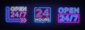 24 hours Neon signboards set Vector. Open all day neon signs, design template, modern trend design, night bright