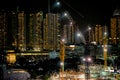 24 hours non stop construction site at night. Ground breaking construction of MRT