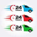 24 hours service emergency car. Car 24 hours. Blue, red, green emergency/urgent car. Shipping car. Delivery car. Vector set.