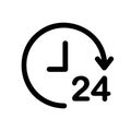 24 hours service icon, clock symbol with arrow and 24 number, black vector sign Royalty Free Stock Photo
