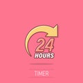 24 hours service icon in comic style. All day business and service cartoon vector illustration on isolated background. Quick Royalty Free Stock Photo