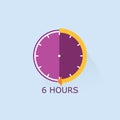6 hours timer icon with orange arrow vector illustration on blue background.