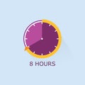 8 hours timer icon with orange arrow vector illustration on blue background.