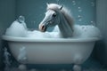 Hourse taking a bath in a bathtub with foam, created with Generative AI technology