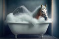 Hourse taking a bath in a bathtub with foam, created with Generative AI technology