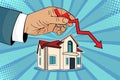 Pop art falling down house prices, man hand with green arrow up and house Royalty Free Stock Photo