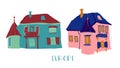 Cozy European houses flat cartoon vector illustration. Hand drawn greeting card.