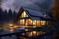 eco modern energy solar design house panel architecture home power. Generative AI. Royalty Free Stock Photo