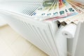 House or apartment heating cost with cash euro banknotes on radiator