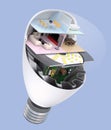 House appliances and furniture in a LED light bulb. Ecology life concept Royalty Free Stock Photo