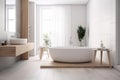 loft modern white home luxury architecture house bathroom wood interior bathtub. Generative AI.