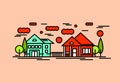 House architecture vector illustration. Village landscape with c