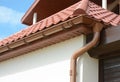 House attic metal roof with soffits, fascias, roof guttering, downspout gutter pipe. Royalty Free Stock Photo