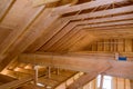 House attic under construction walls and ceiling material in wooden frame Royalty Free Stock Photo