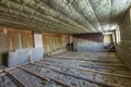 House attic under construction. Mansard walls and ceiling insulation with rock wool. Fiberglass insulation material in wooden fram Royalty Free Stock Photo