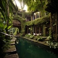house in Bali in the rainforest, islands, beautiful landscaping, tropical lush, modern architecture, luxurious