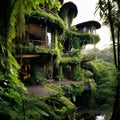 house in Bali in the rainforest, islands, beautiful landscaping, tropical lush, modern architecture, luxurious