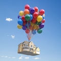 House with balloons bunch flying in the sky. Real estate purchasing, moving house and housewarming concept