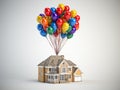 House with balloons bunch on white background. Real estate purchasing, moving house, housewarming and gift concept