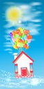 House on the balloons to fly the sky with clouds. Royalty Free Stock Photo