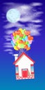 House on the balloons to fly the sky with the moon Royalty Free Stock Photo
