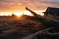 a house on the beach in front of a sunset Royalty Free Stock Photo