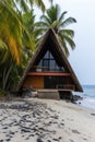 A house on the beach with palm trees, AI Royalty Free Stock Photo