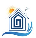 House on the beach, sun and birds logo