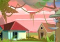 house is beautiful. Evening tropical landscape. Jungle view. Fun cartoon style. Vector