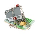 House with bills, chain and padlock Royalty Free Stock Photo