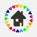 House black, grey icon, circle of hearts, shape of globo planet. Rainbow colors. Concept of overall love, kindness