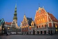 Riga, Latvia. House of the Blackheads building, Melngalvju nams, with view on tower of St. Peter Church in Riga. Royalty Free Stock Photo