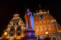 House of Blackheads in the Town Hall Square and the spire of the Cathedral in the historic center of the old city against Royalty Free Stock Photo