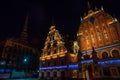 House of Blackheads in the Town Hall Square and the spire of the Cathedral in the historic center of the old city against