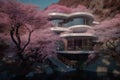 House with blooming tree. Generate Ai Royalty Free Stock Photo