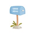 House blue mailbox with good news concept background, cartoon style Royalty Free Stock Photo