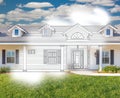 House Blueprint Drawing Gradating Into Completed Photograph.