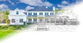 Large House Blueprint Drawing Gradating Into Completed Photograph.