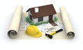 House, blueprints and yellow hard hat