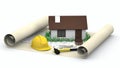 House, blueprints and yellow hard hat