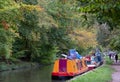 House boats on the Kennet and Avon canal near Bradford on Avon, Wiltshire, UK. Photographed in autumn. Royalty Free Stock Photo