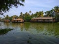 House boats line up on kerala backwaters