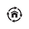 House build and arrows - black web icon. Graphic design element. Vector illustration.