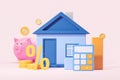 House building with calculator and piggy money box, interest rate and payment