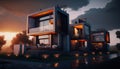 House building and city construction concept: evening outdoor urban view of modern real estate homes, Generative Ai Royalty Free Stock Photo