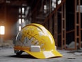 House and building construction contractors. Repair work. Building drawings. Helmet on a yellow background