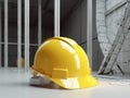 House and building construction contractors. Repair work. Building drawings. Helmet on a yellow background