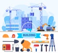 House building construction, repair tools flat vector illustration, cartoon constructing home building, working crane Royalty Free Stock Photo
