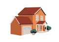 House building exterior. Classic home facade with garage, porch. Two-story property, residential suburban real estate