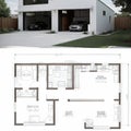 House building interior plan with the garage Home with kitchen and bathroom bedroom and living room Barbeque on the backyard Royalty Free Stock Photo
